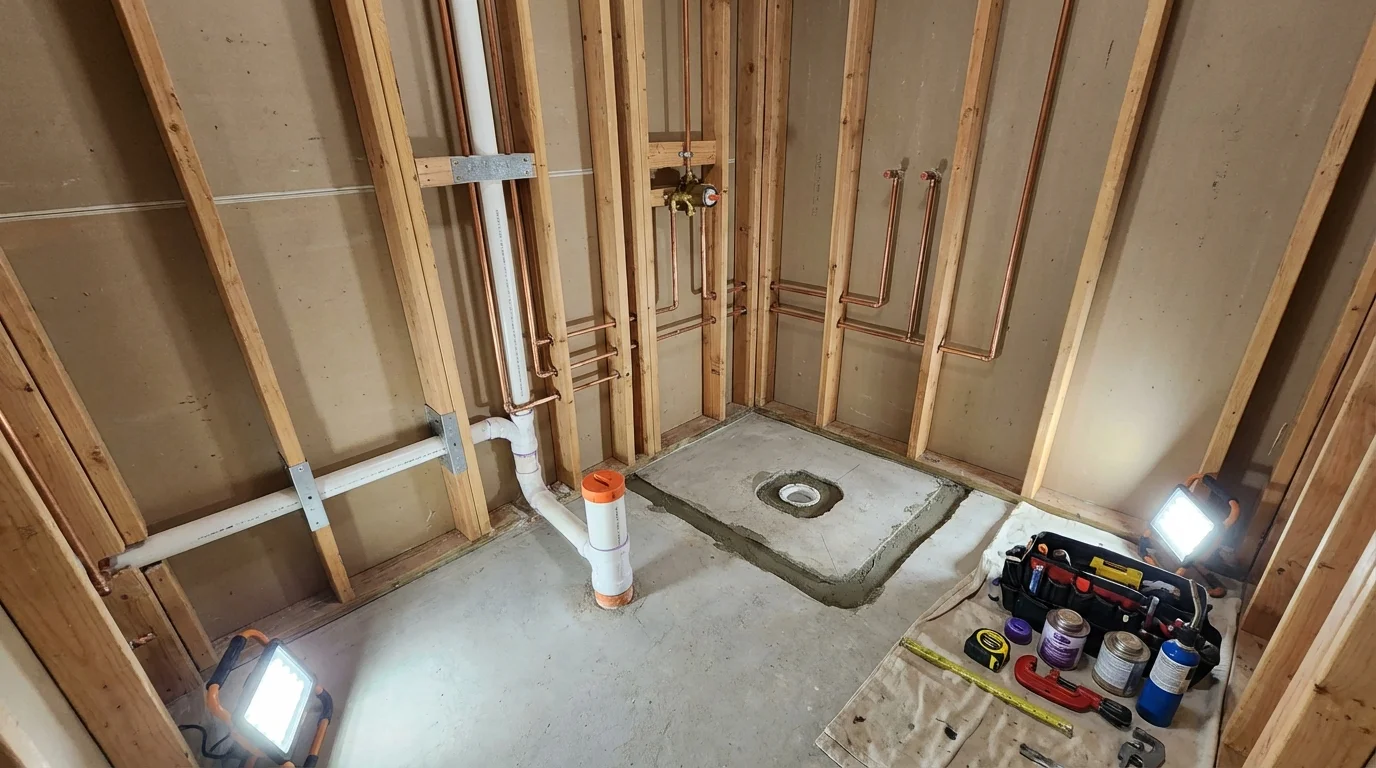 Bathroom rough-in plumbing during remodel by Johns Plumbing LLC in Julesburg