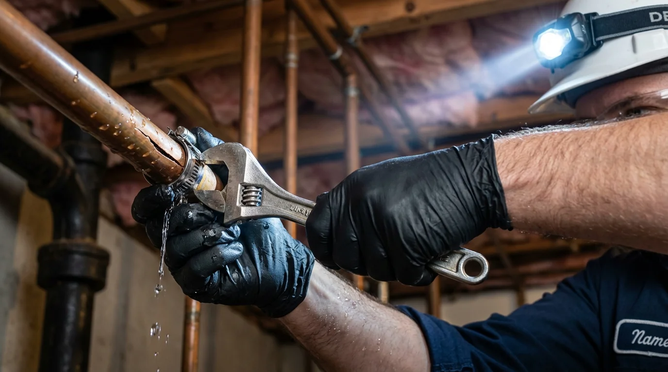 Emergency pipe clamp repair being performed by a Johns Plumbing LLC plumber in Julesburg