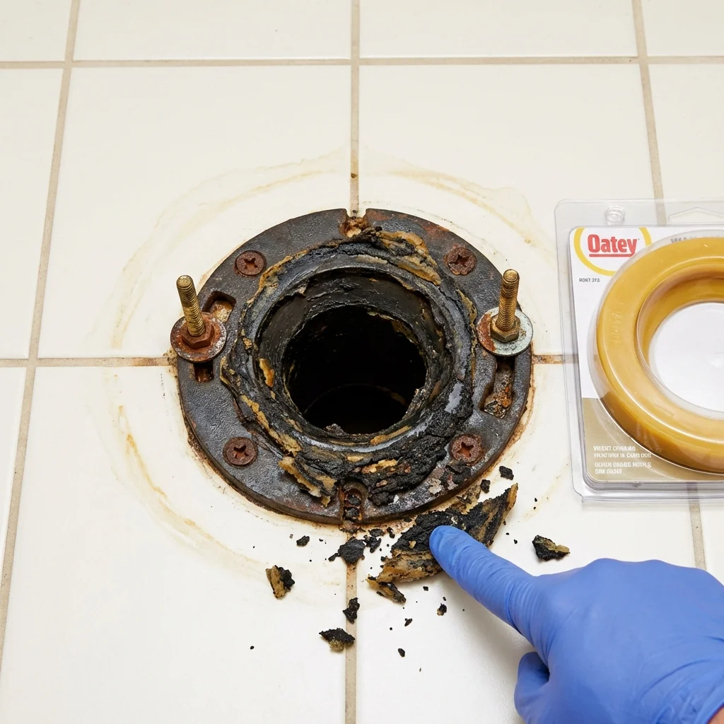 Failed wax ring showing water seepage at the base of a toilet in a Julesburg, CO home