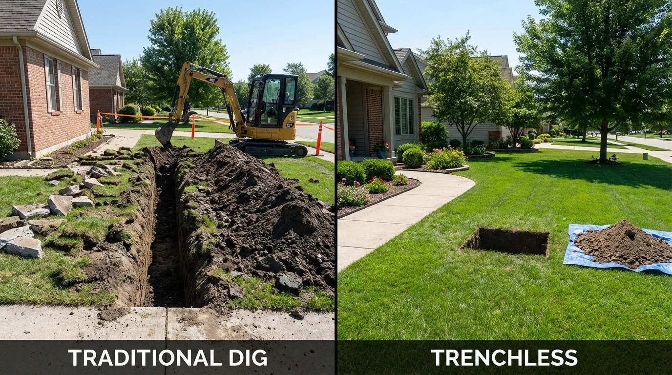 Trenchless sewer repair with minimal yard damage versus traditional excavation in Julesburg, CO