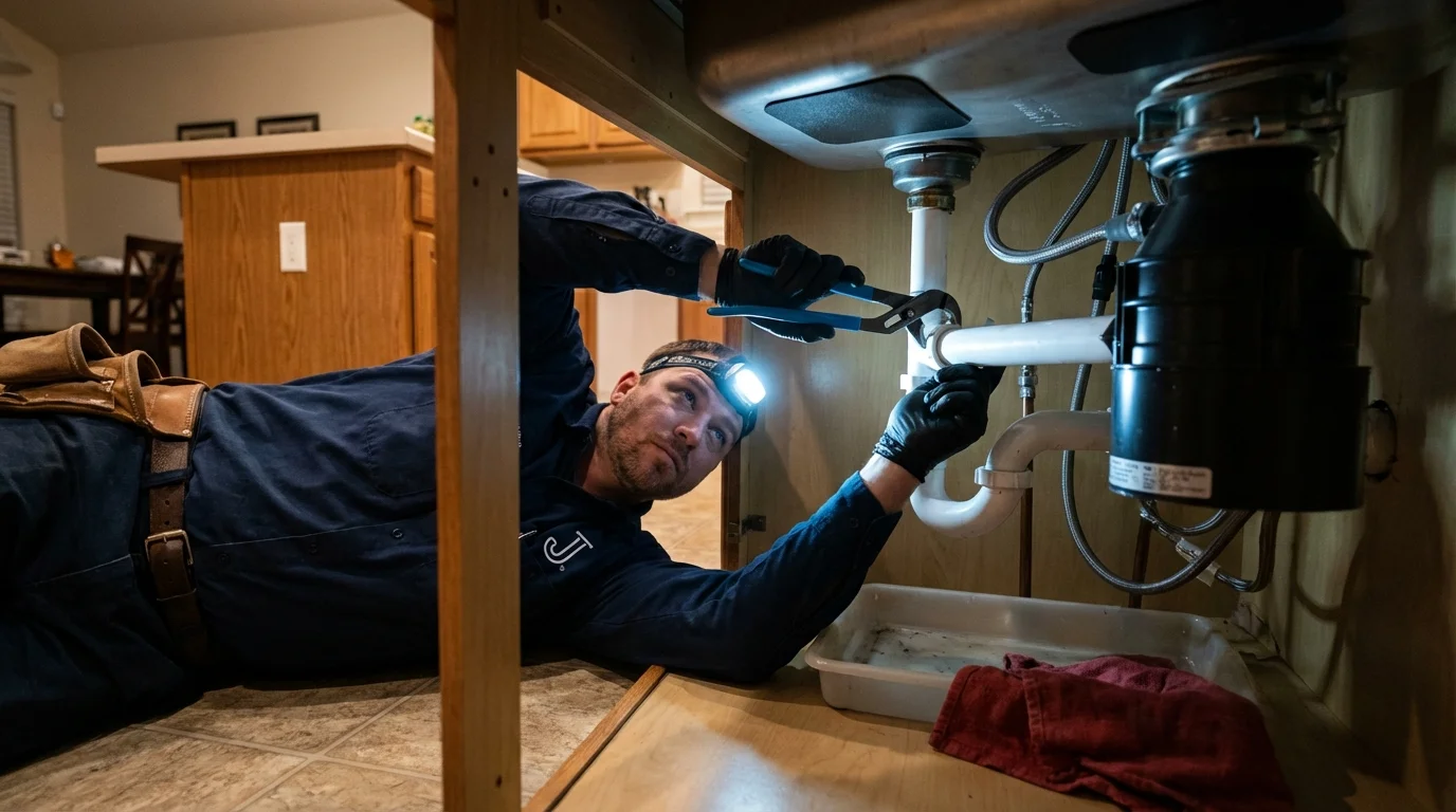 P-trap and supply line connections under a kitchen sink showing a common leak point in Julesburg, CO